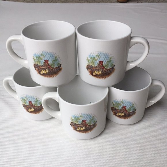Rooster Art Coffee Mug Tea Cup Chicken Farmhouse Rustic Country White Set of 5 - Picture 1 of 12